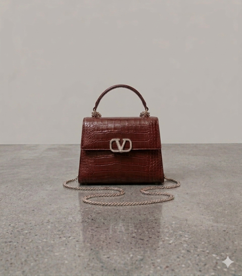 Crocodile textured handbag in bronze